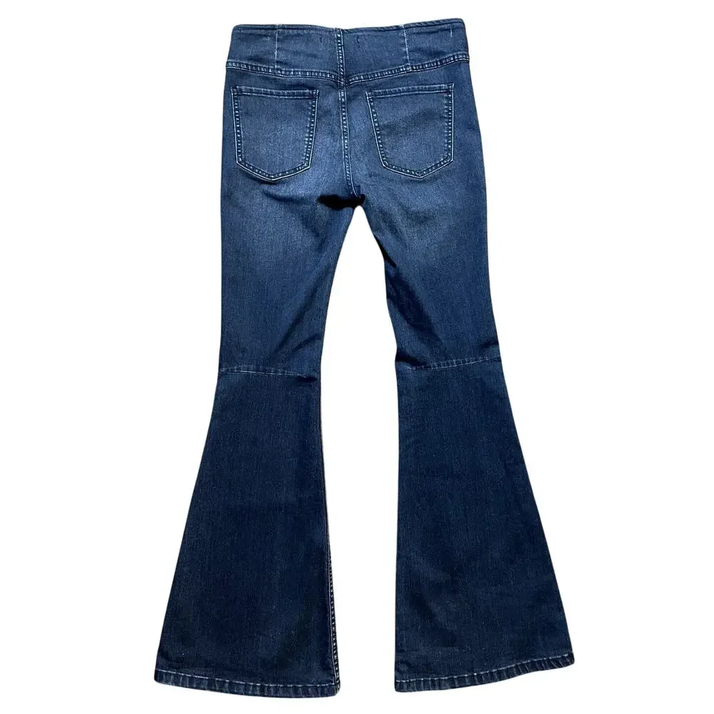 Free People Womens Pull On Flare Jeans Sz 28 Dark Wash MidRise Bell Bottom Denim - Picture 3 of 10